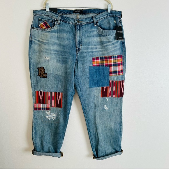 New Ralph Lauren Plus Size Patchwork Boho Relaxed Tapered Jeans in Skye Wash - Picture 7 of 12
